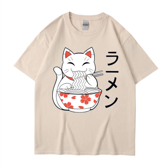 Men's Cartoon Cute Ramen Cat Print Short Sleeve - Image 3