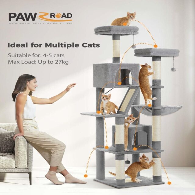 PAWZ Road 180cm Large Cat Tree For Indoor Cats, Multi-Level Cat Tower Cat Scratching Post With 2 Perches, 2 Condos, Hammock And 2 Pompoms Grey - Image 5