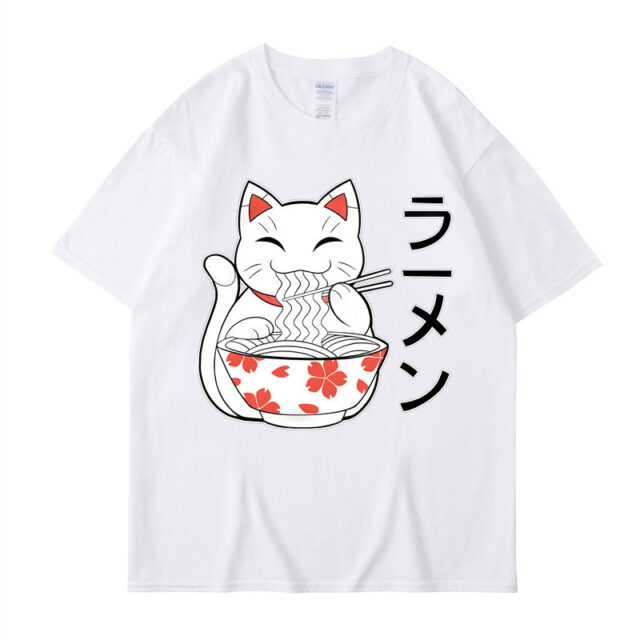 Men's Cartoon Cute Ramen Cat Print Short Sleeve - Image 2