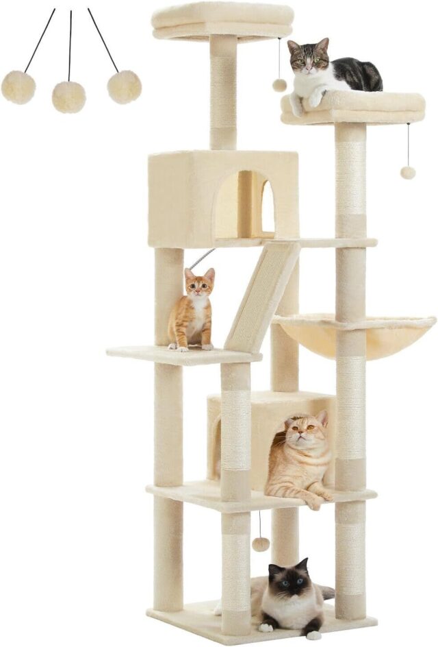 PAWZ Road 180cm Large Cat Tree For Indoor Cats, Multi-Level Cat Tower Cat Scratching Post With 2 Perches, 2 Condos, Hammock And 2 Pompoms Grey - Image 3