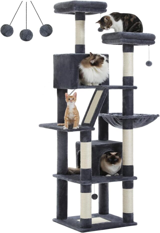 PAWZ Road 180cm Large Cat Tree For Indoor Cats, Multi-Level Cat Tower Cat Scratching Post With 2 Perches, 2 Condos, Hammock And 2 Pompoms Grey - Image 2