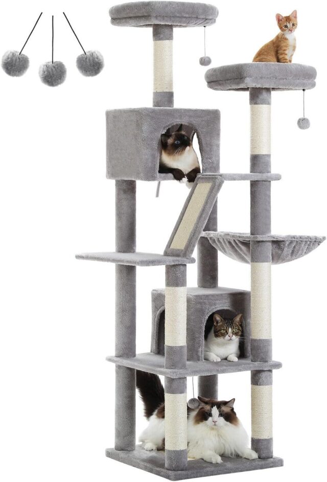 PAWZ Road 180cm Large Cat Tree For Indoor Cats, Multi-Level Cat Tower Cat Scratching Post With 2 Perches, 2 Condos, Hammock And 2 Pompoms Grey