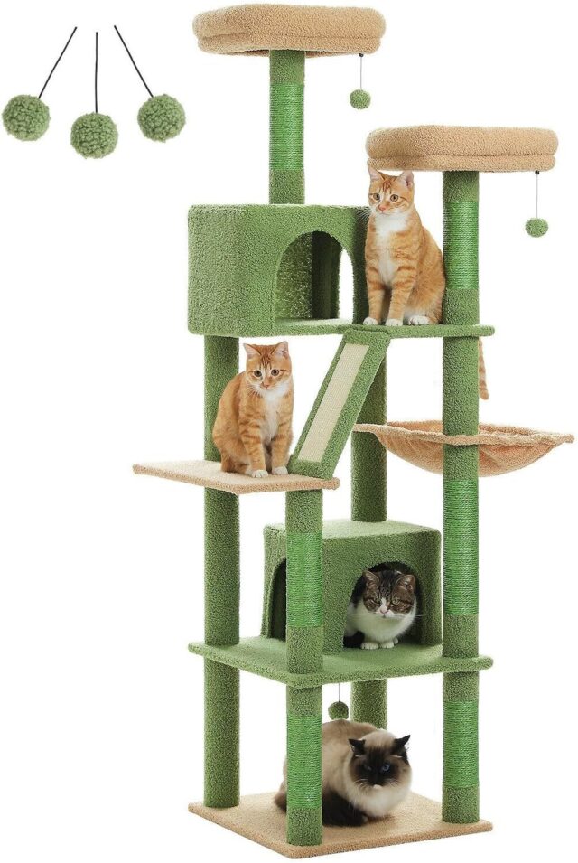 PAWZ Road 180cm Large Cat Tree For Indoor Cats, Multi-Level Cat Tower Cat Scratching Post With 2 Perches, 2 Condos, Hammock And 2 Pompoms Grey - Image 4