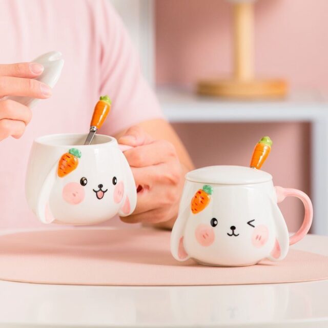 Ceramic Cute Rabbit Mug With Lid Spoon