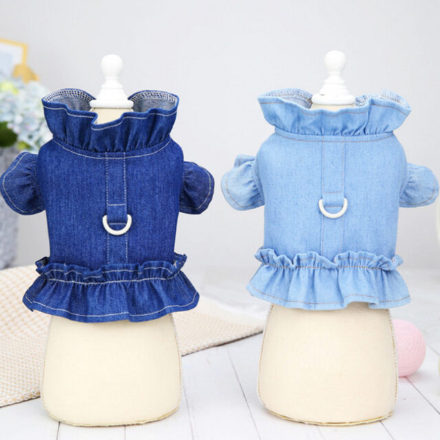 Pets Jeans Dress Apparel Dog Ruffles Vest Pet Harness Denim Dress Puppy Blue Jeans Clothes Cat Dogs Leash Hook Chest Back Dress - Image 4