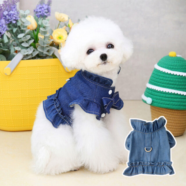 Pets Jeans Dress Apparel Dog Ruffles Vest Pet Harness Denim Dress Puppy Blue Jeans Clothes Cat Dogs Leash Hook Chest Back Dress - Image 5